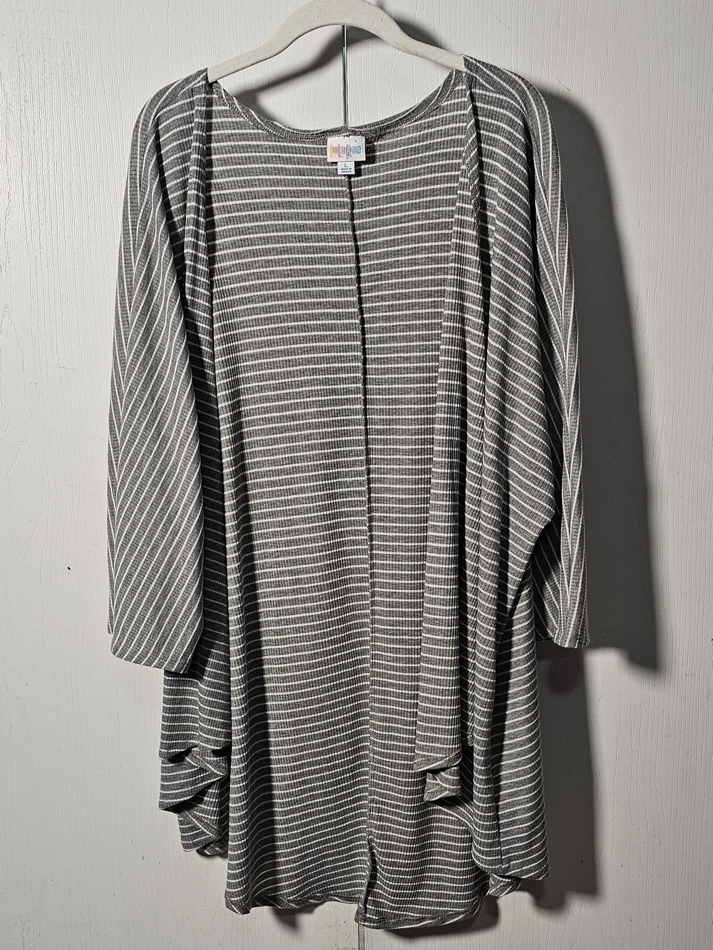 LuLaRoe Gray and White Striped Open Cardigan
